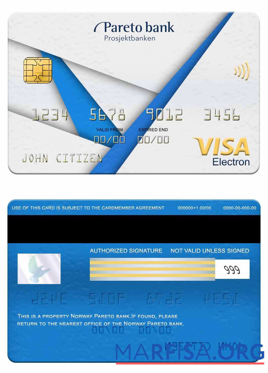 Downloadable Norway Pareto bank visa electron card example